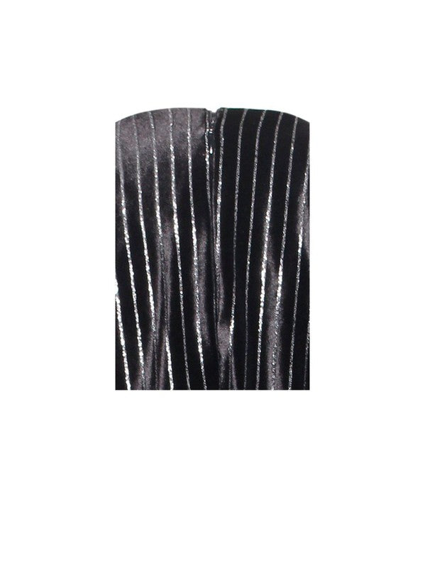 Time To Shine Black Silver Sparkling Stripe Velvet Draped Dress