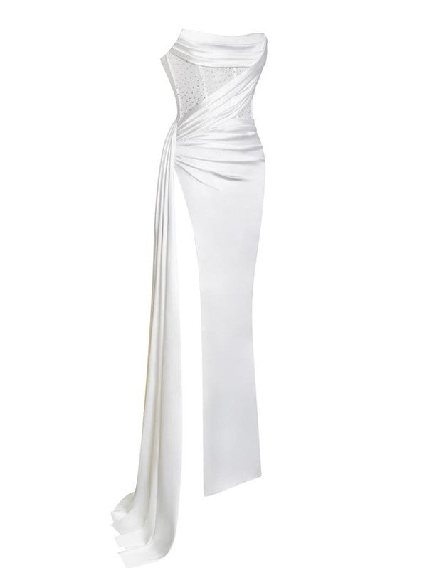 Holly White Crystallized Corset High Slit Satin Gown