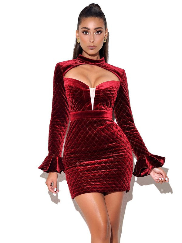 Lulia Wine Flare Sleeve Quilted Velvet Dress