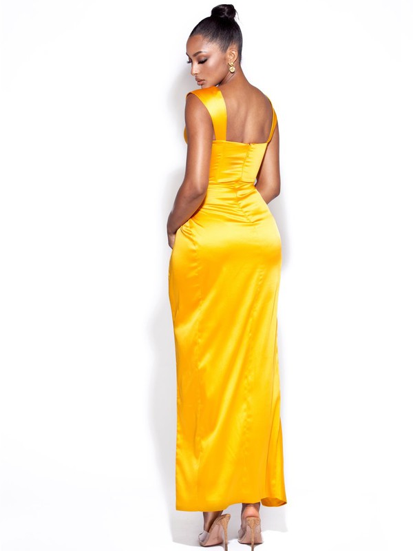 Zarah Yellow High Slit Corset Satin Dress