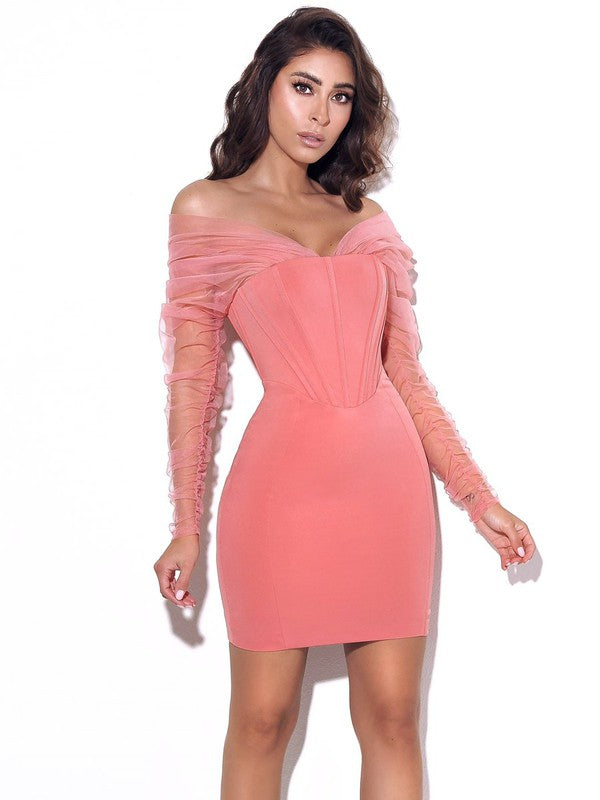 Zofia Salmon Pink Off Shoulder Mesh Sleeve Corset Dress
