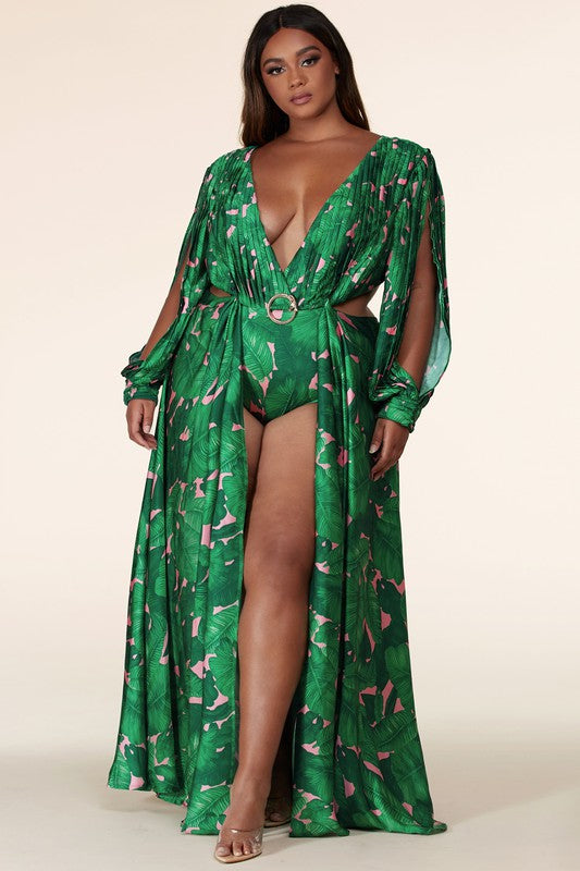 Tropical Leaf Print Plus Maxi Dress