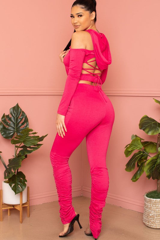 PINK LACE UP OPEN BACK CROP TOP AND PANTS SET