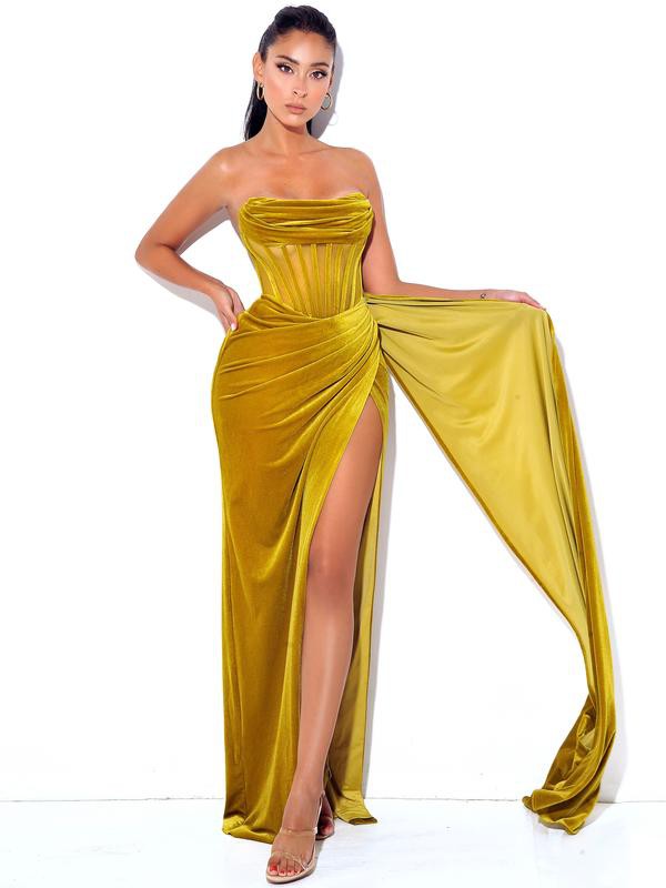 Priya Gold Draping Corset High Slit Velvet Gown