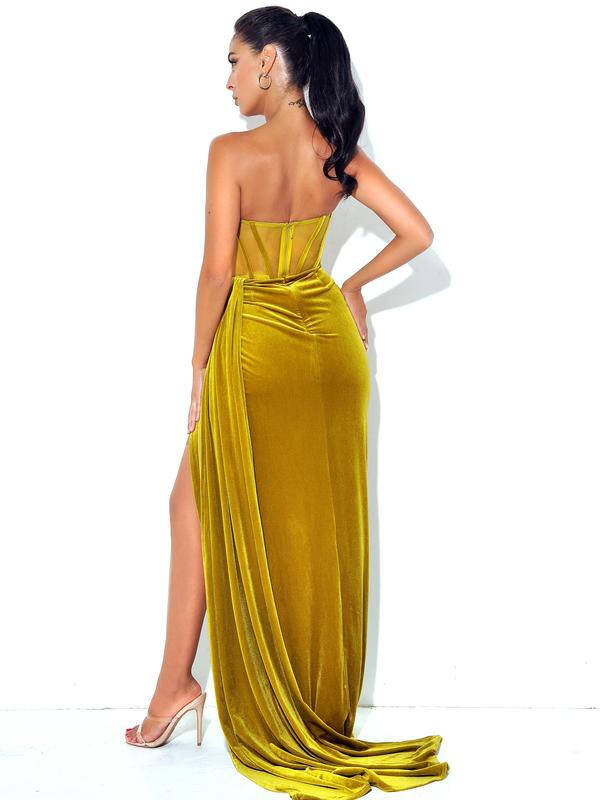 Priya Gold Draping Corset High Slit Velvet Gown
