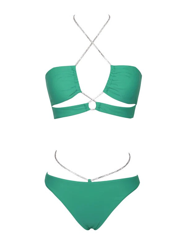 Danica Green Crystal String Lace Up Bikini Set