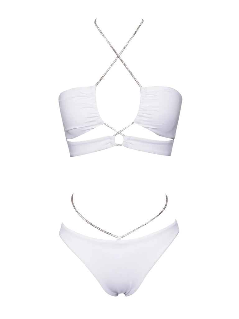 Danica White Crystal String Lace Up Bikini Set