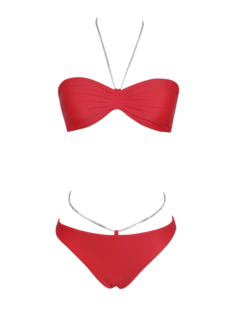 Nola Red Crystal String Bikini Set