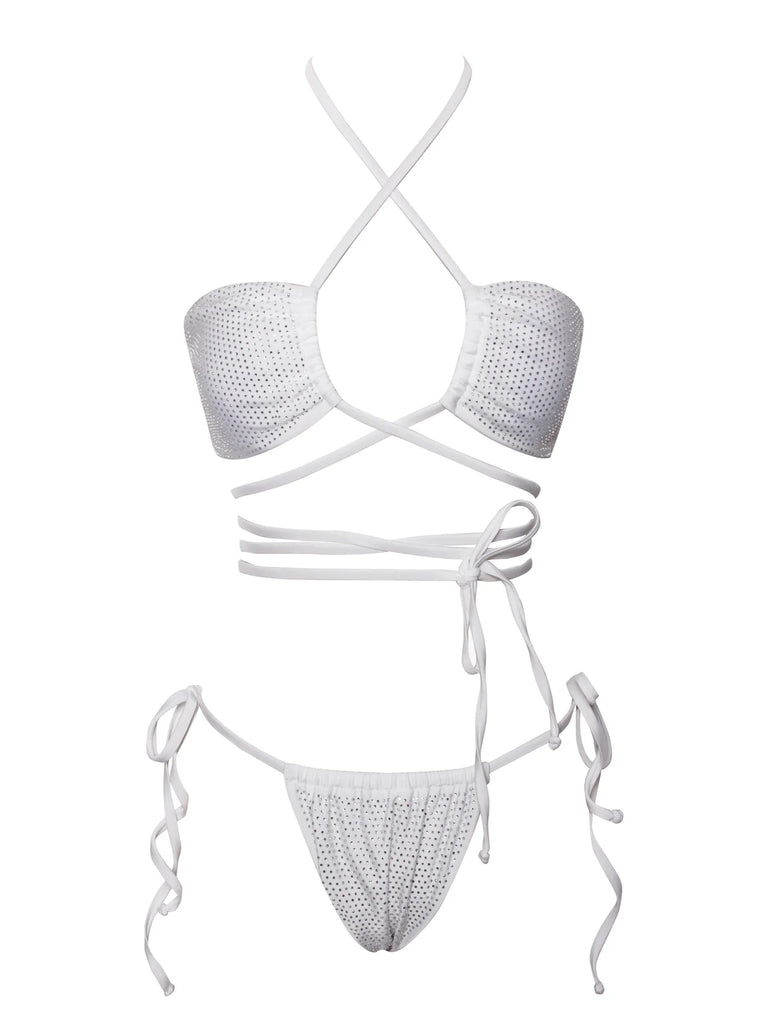Amalia White Crystal Lace Up Bikini  Set
