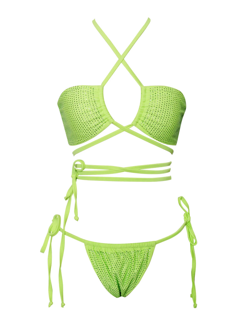 Amalia Neon Green Crystal Lace Up Bikini Set