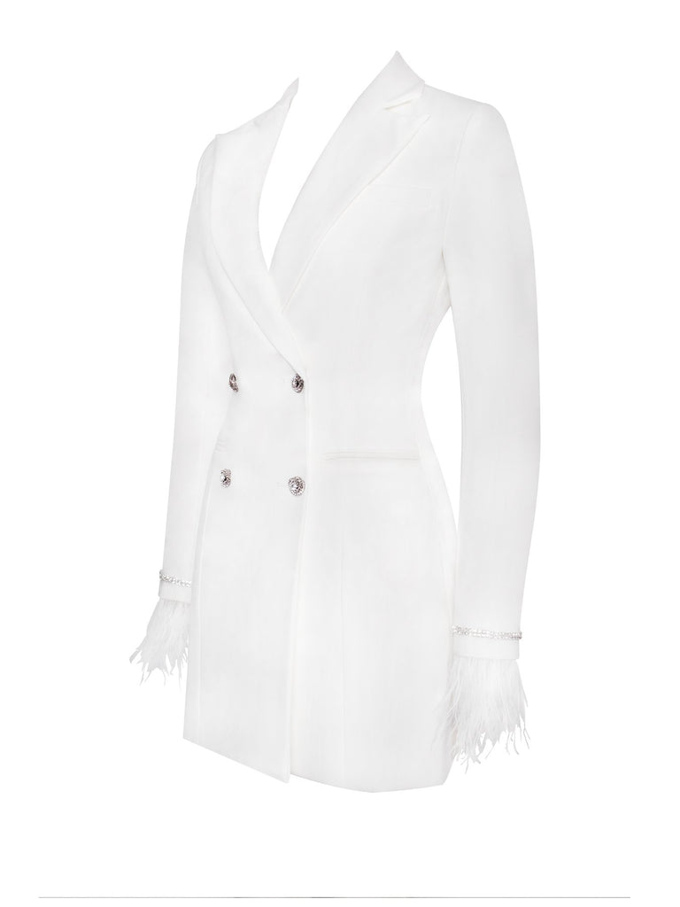 Quilla White Feather Crystal Sleeve Backless Blazer Dress