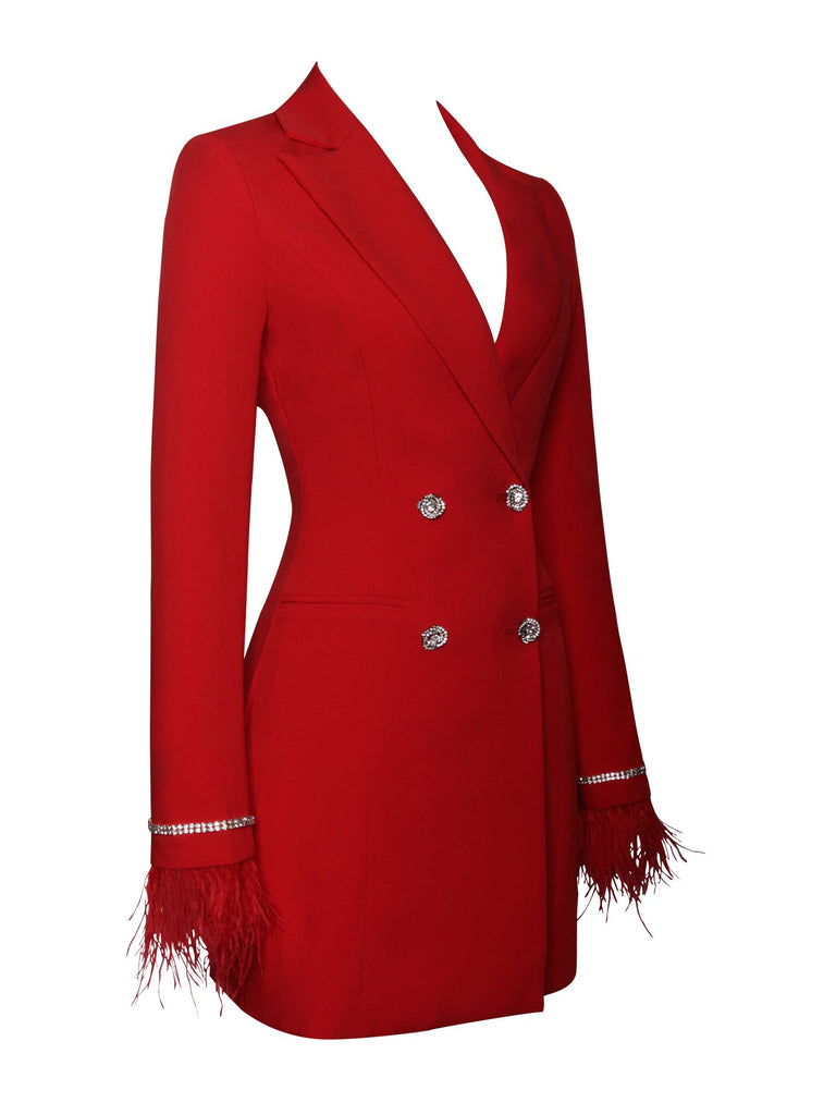 Quilla Red Feather Crystal Sleeve Backless Blazer Dress