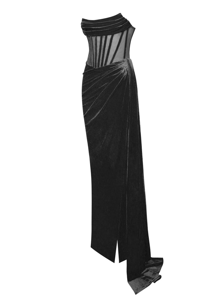Priya Black Draping Corset High Slit Velvet Gown