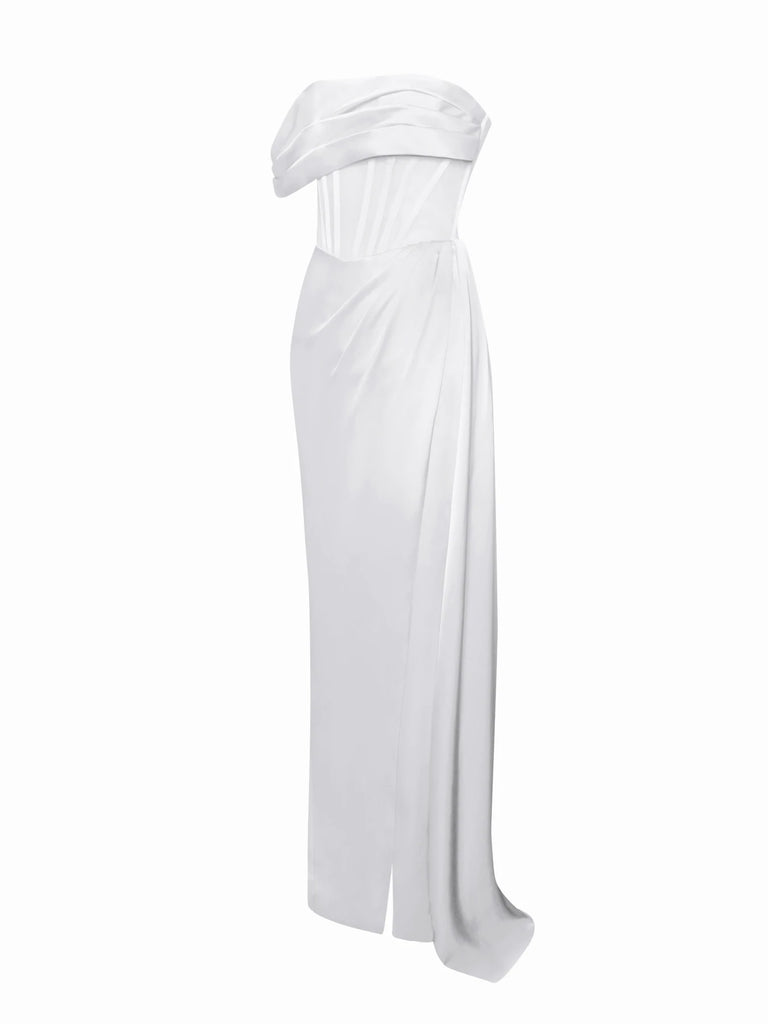 Rebeca White Satin High Slit Corset Gown