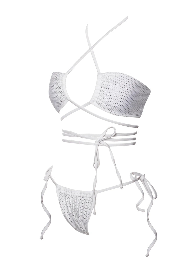 Amalia White Crystal Lace Up Bikini  Set