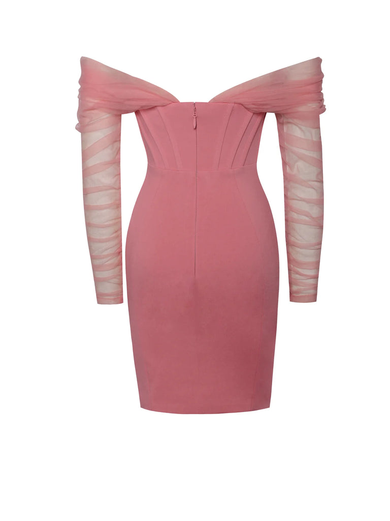 Zofia Salmon Pink Off Shoulder Mesh Sleeve Corset Dress