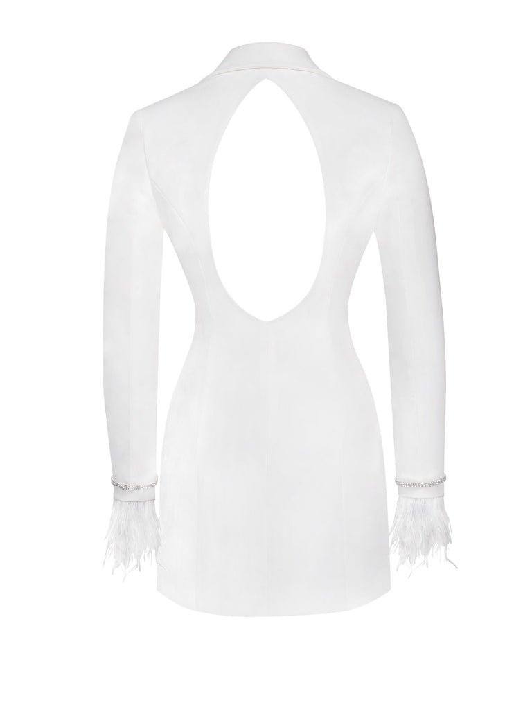 Quilla White Feather Crystal Sleeve Backless Blazer Dress