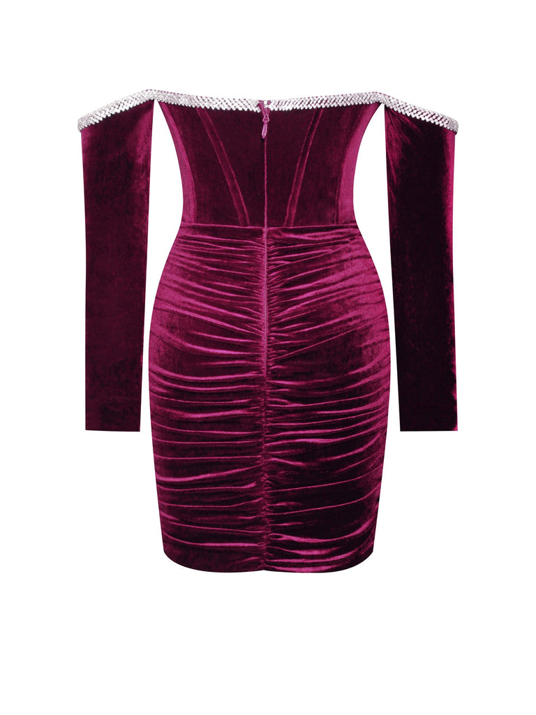 Odette Burgundy Velvet Off Shoulder Corset Dress With Crystal Trim