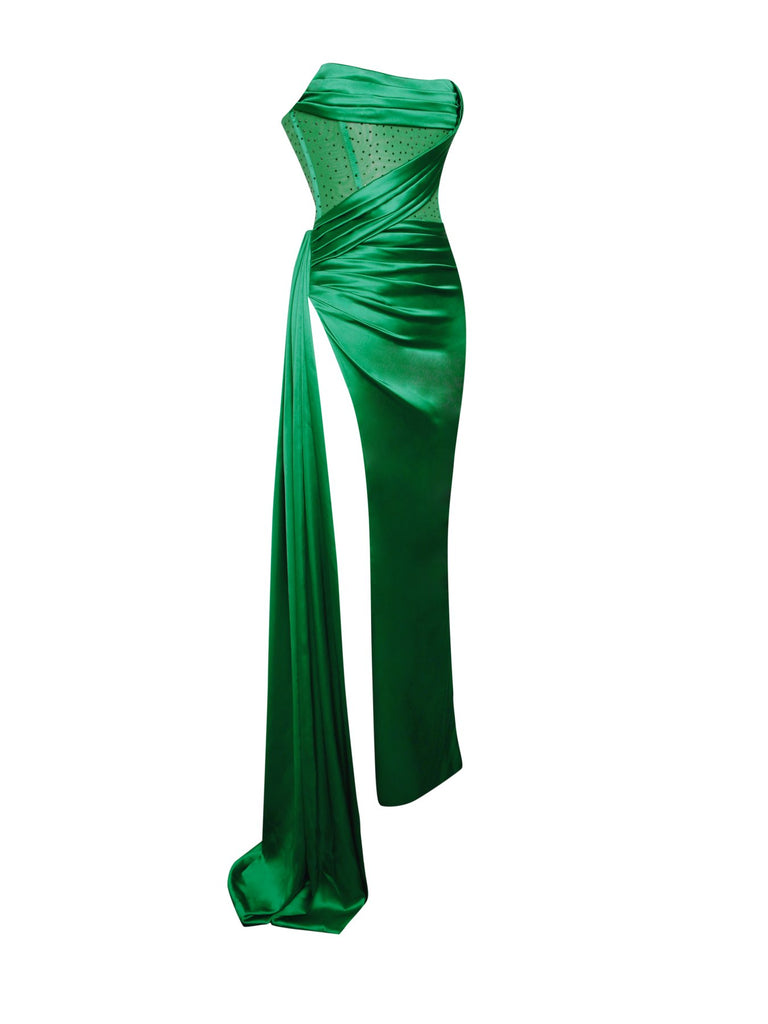 Holly Emerald Green Crystallized Corset High Slit Satin Gown