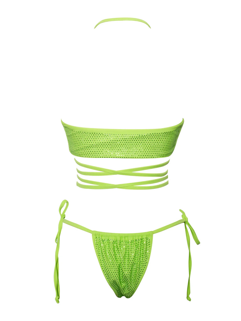 Amalia Neon Green Crystal Lace Up Bikini Set