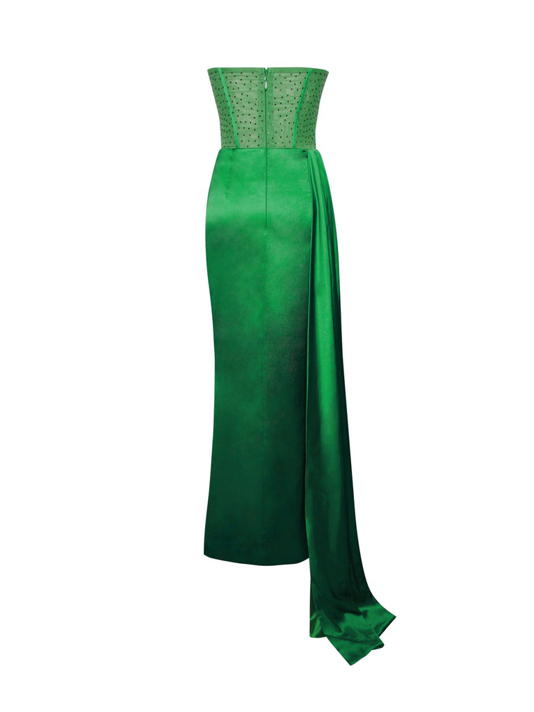 Holly Emerald Green Crystallized Corset High Slit Satin Gown