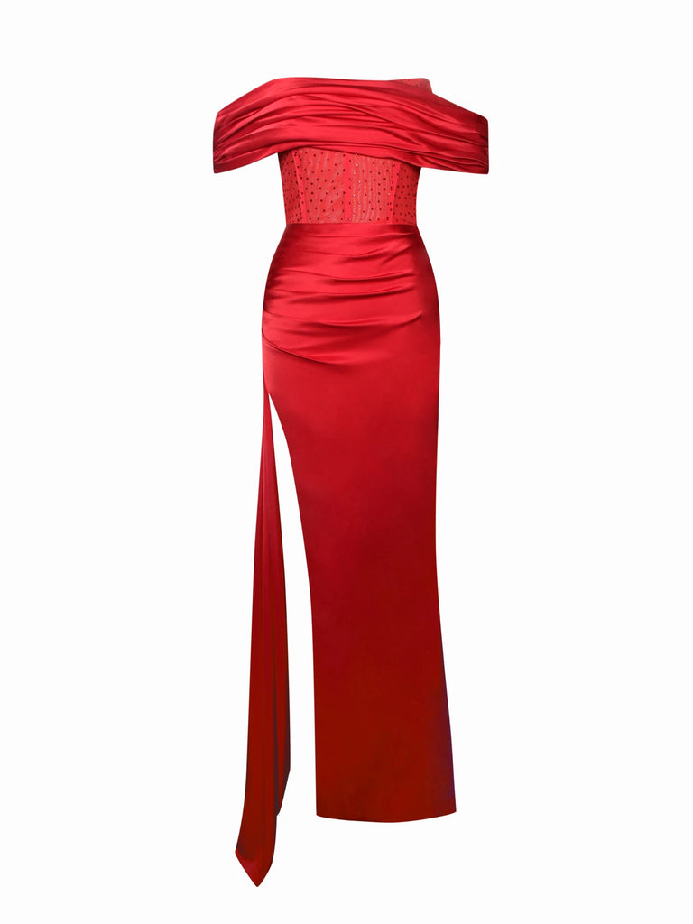 Norma Red Off Shoulder Crystallized Corset Satin Gown