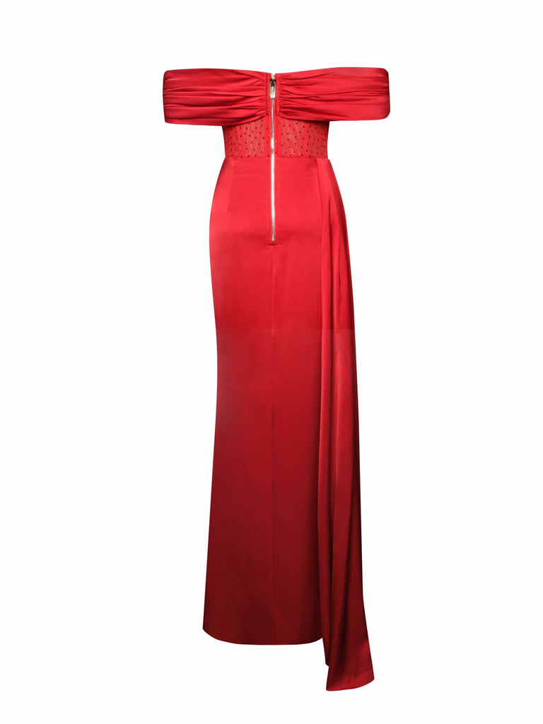 Norma Red Off Shoulder Crystallized Corset Satin Gown