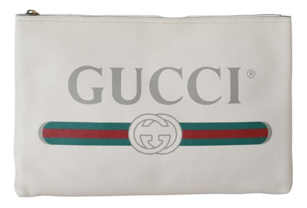 Gucci White Pebbled Leather Big Pouch Clutch Bag