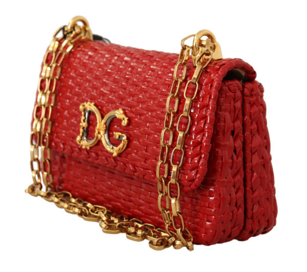 DOLCE & GABBANA Red Fiber Wicker DG Logo Shoulder Sling Women Borse Bag