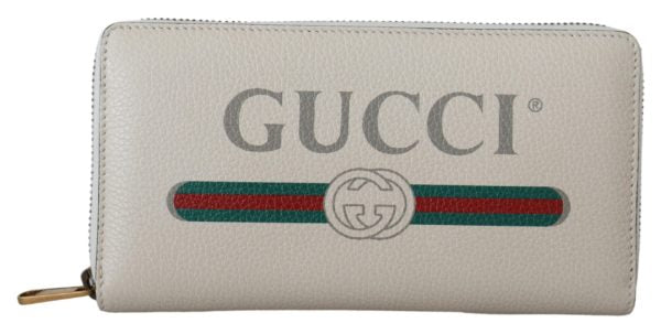Gucci White Leather Logo Print Zip Around Long Wallet