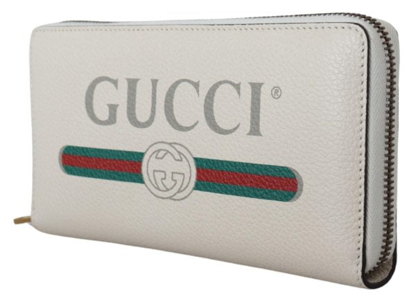 Gucci White Leather Logo Print Zip Around Long Wallet