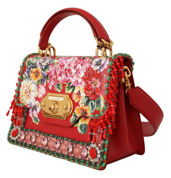 DOLCE & GABBANA Red Floral Crystals Shoulder Borse WELCOME Leather Bag