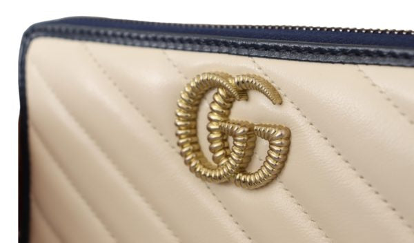 GUCCI White & Blue Leather Marmont GG Torchon Zip Around Wallet