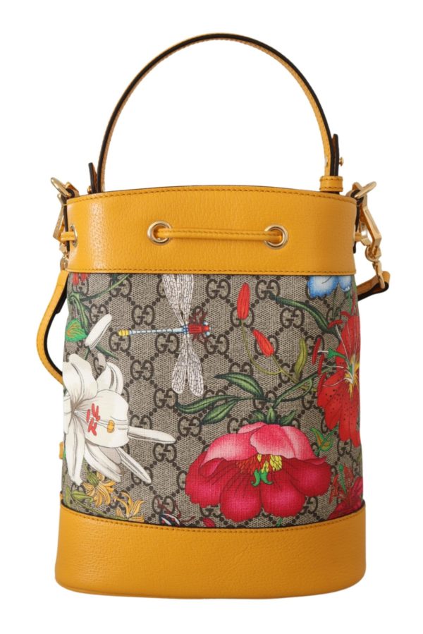 GUCCI Yellow Leather & Canvas Ophidia Flora Bucket Shoulder Bag