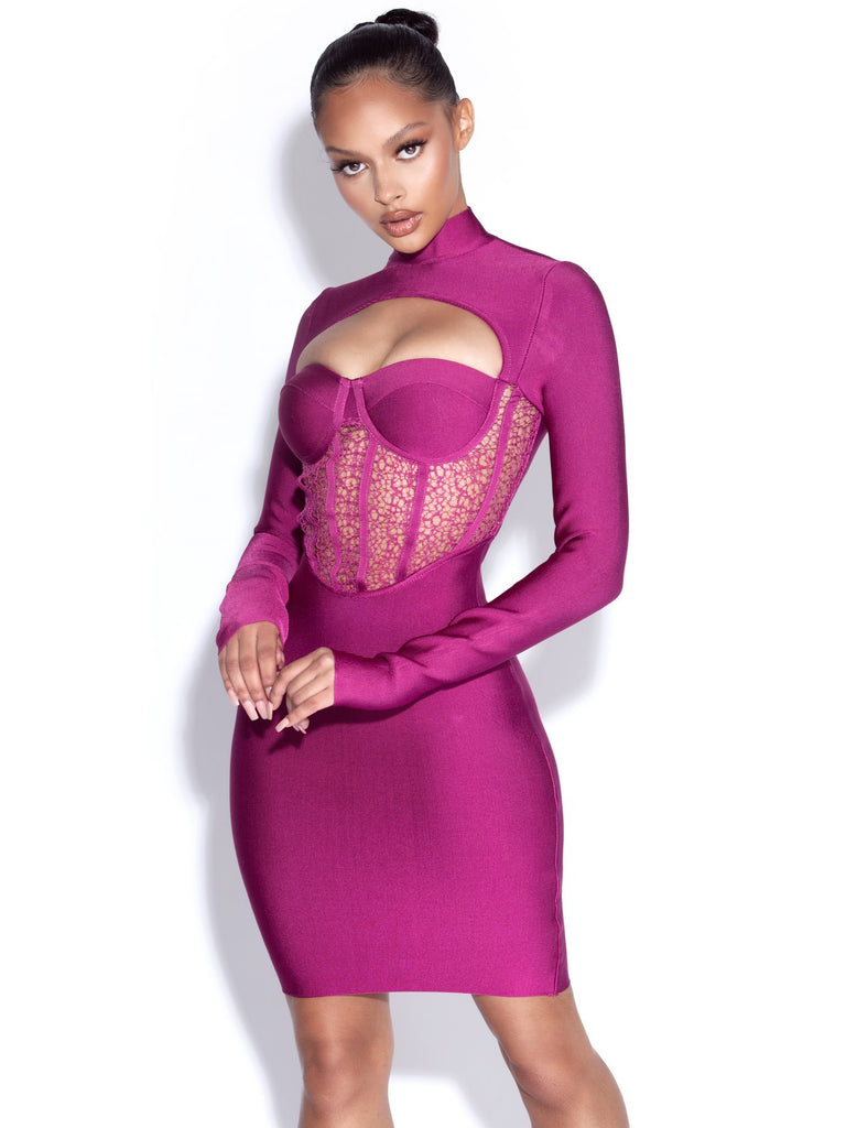 Waylen Ruby Pink Long Sleeve Lace Bandage Dress