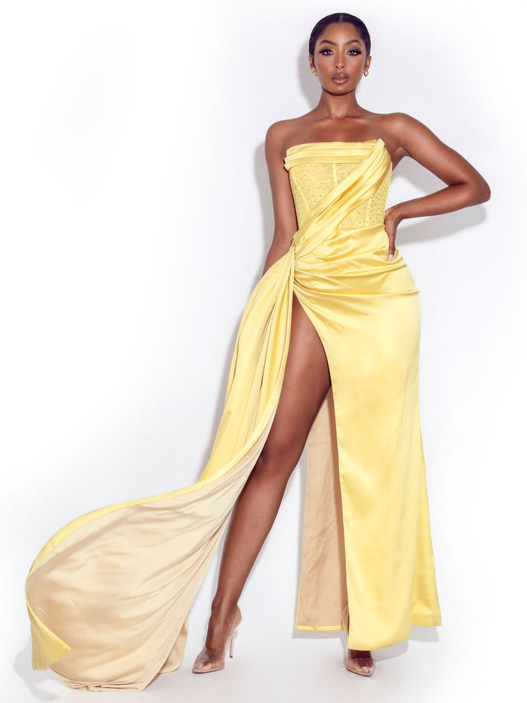 Holly Lemon Crystallized Corset High Slit Satin Gown